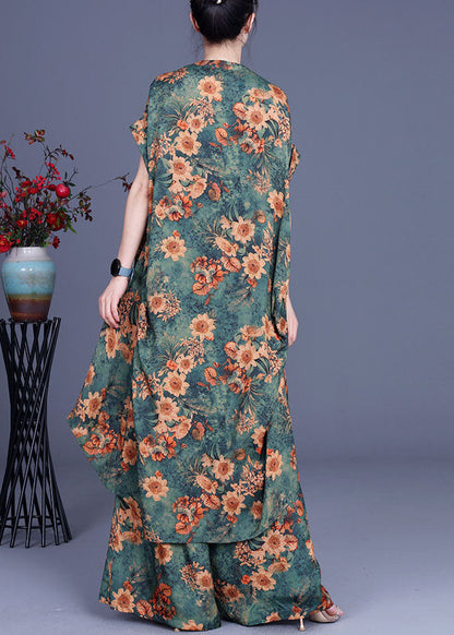 Conjunto de dos piezas de manga corta de otoño con diseño bajo y alto con estampado verde francés