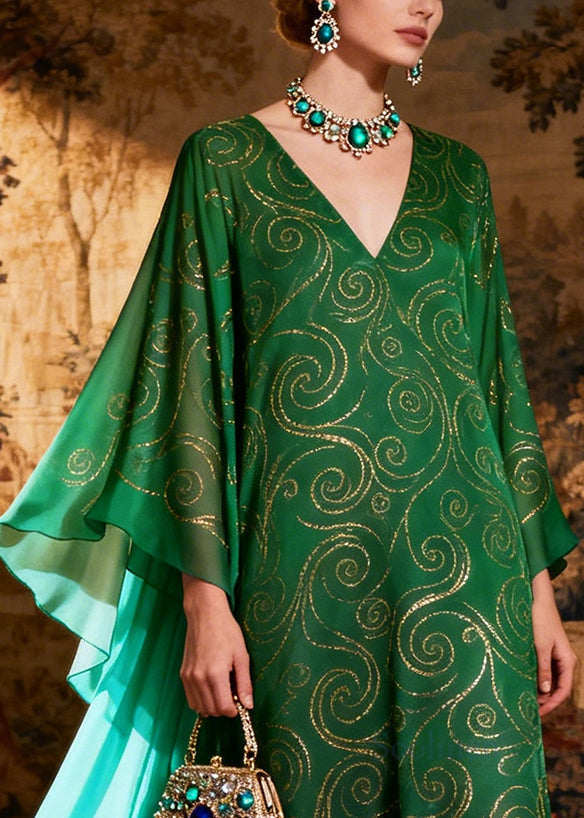 French Green Ruffled Exra Large Hem Chiffon Evening Dress Summer