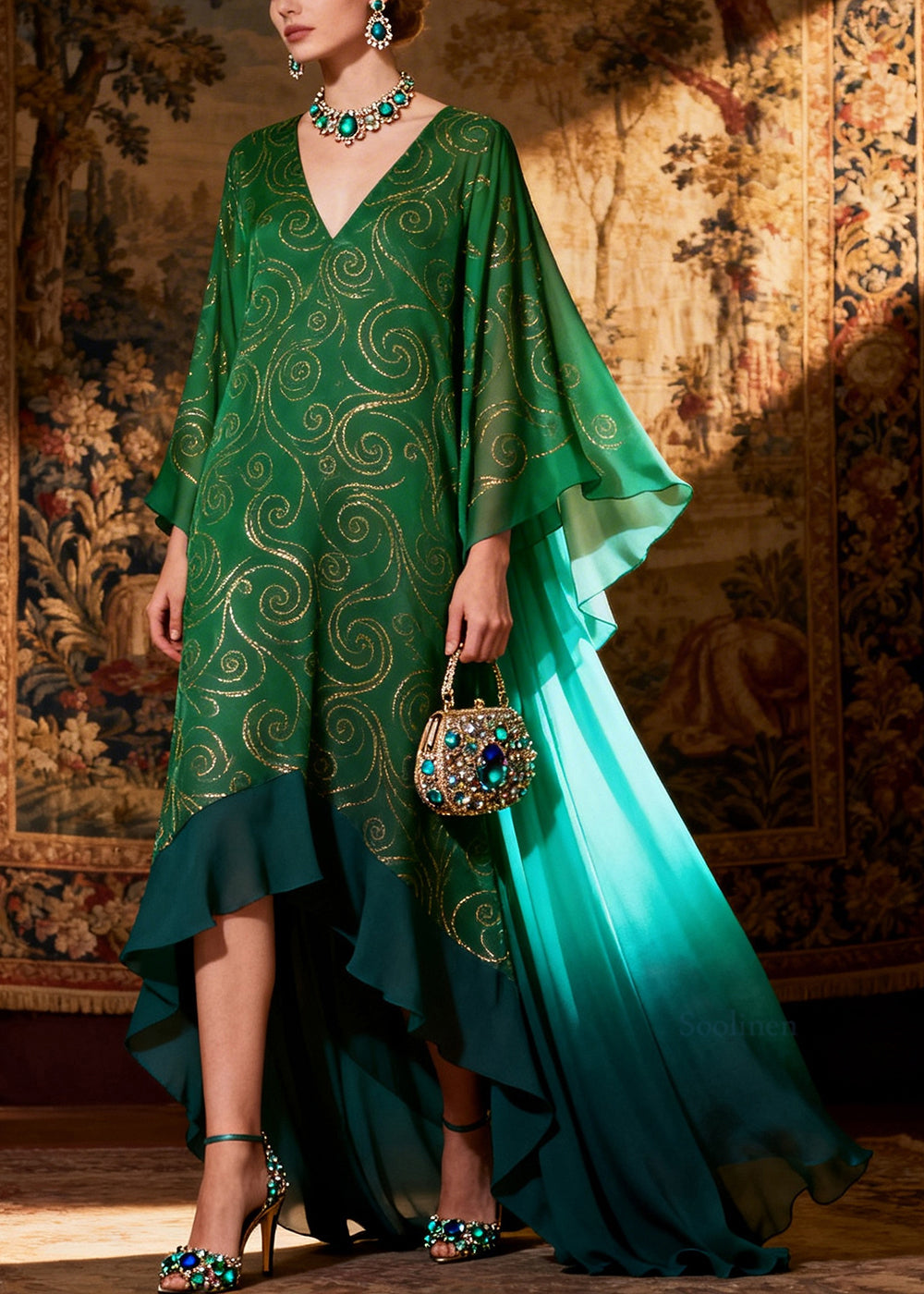 French Green Ruffled Exra Large Hem Chiffon Evening Dress Summer
