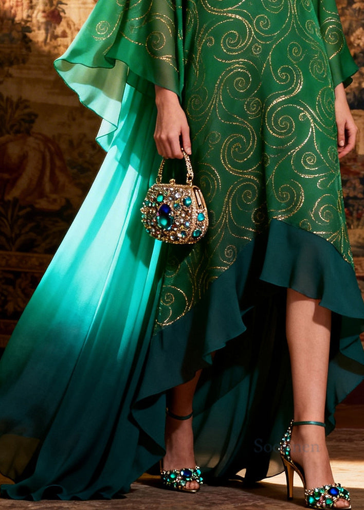 French Green Ruffled Exra Large Hem Chiffon Evening Dress Summer