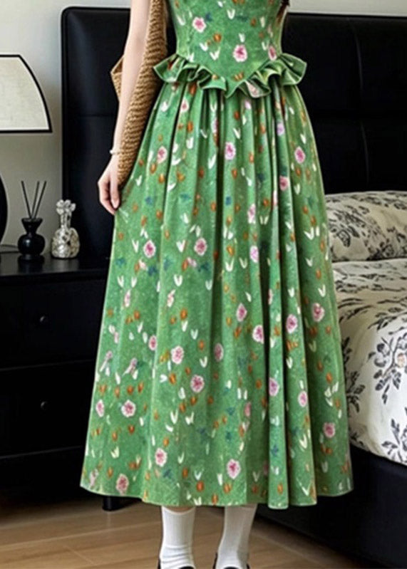 French Green Ruffled Patchwork Long Spaghetti Strap Dress Summer
