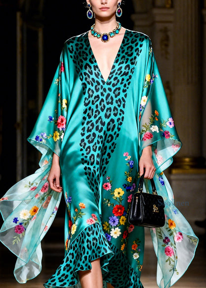 French Green Ruffled Print Patchwork Silk Robe Dresses Summer