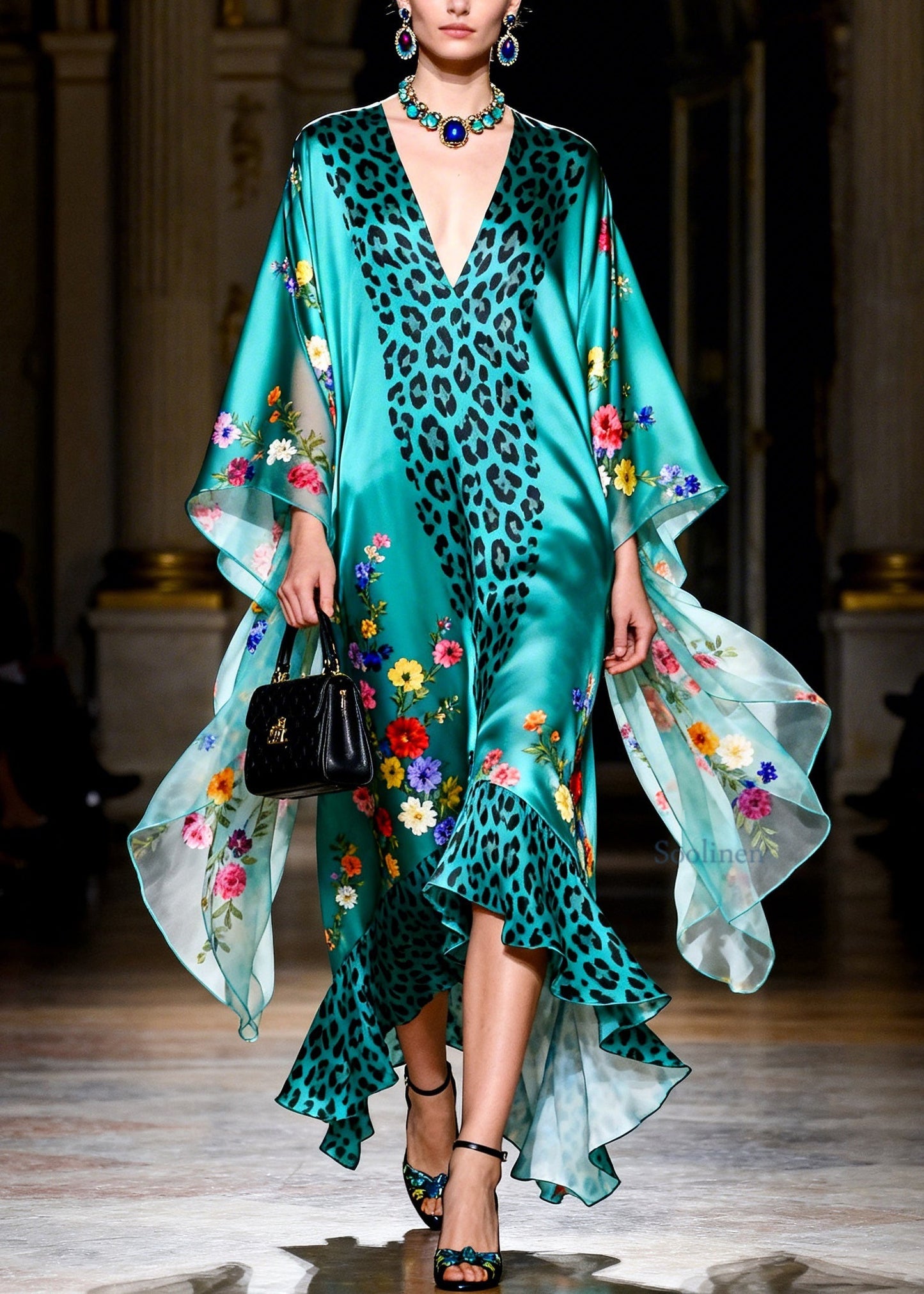French Green Ruffled Print Patchwork Silk Robe Dresses Summer