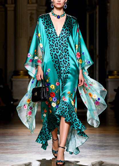 French Green Ruffled Print Patchwork Silk Robe Dresses Summer