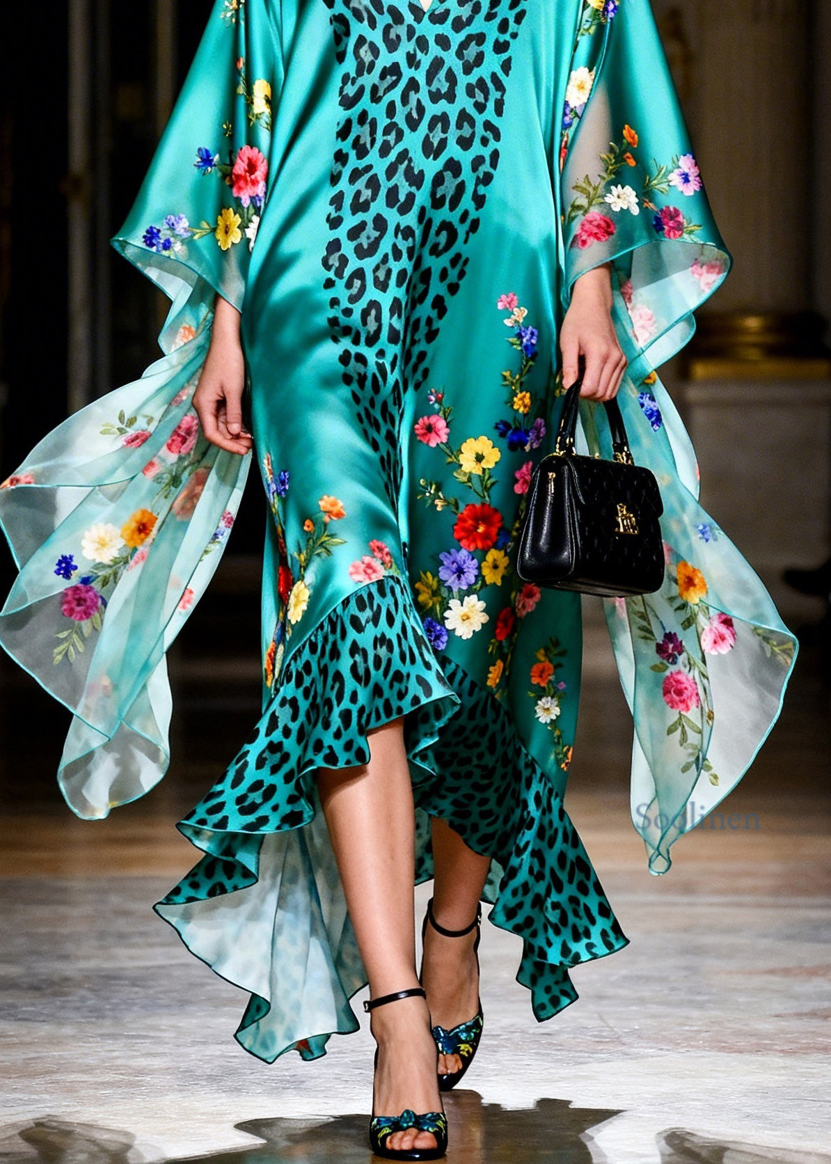 French Green Ruffled Print Patchwork Silk Robe Dresses Summer