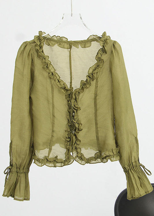 Französisch Grün Rüschen V-Ausschnitt Chiffon Tops Frühling
