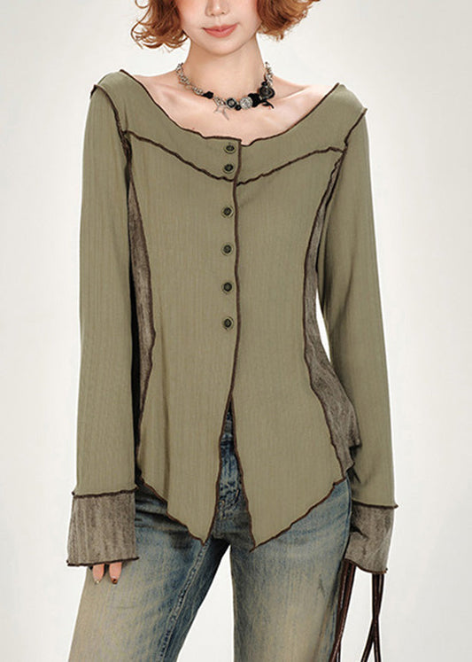 Top de algodón con cuello oblicuo y botones de patchwork verde francés para primavera
