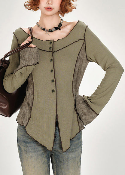 Französisch-grünes Baumwolltop mit V-Ausschnitt, Knopfleiste und Patchwork-Design, Frühling