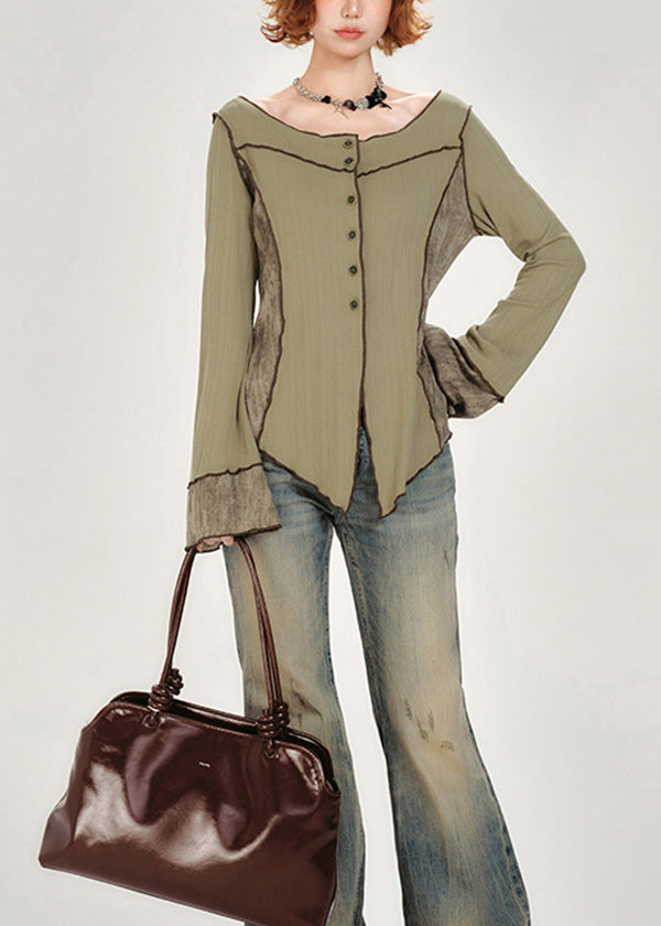 Französisch-grünes Baumwolltop mit V-Ausschnitt, Knopfleiste und Patchwork-Design, Frühling