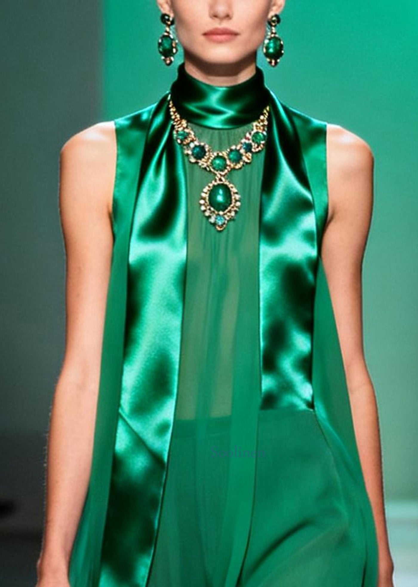 French Green Stand Collar Patchwork Chiffon Mid Dress Sleeveless