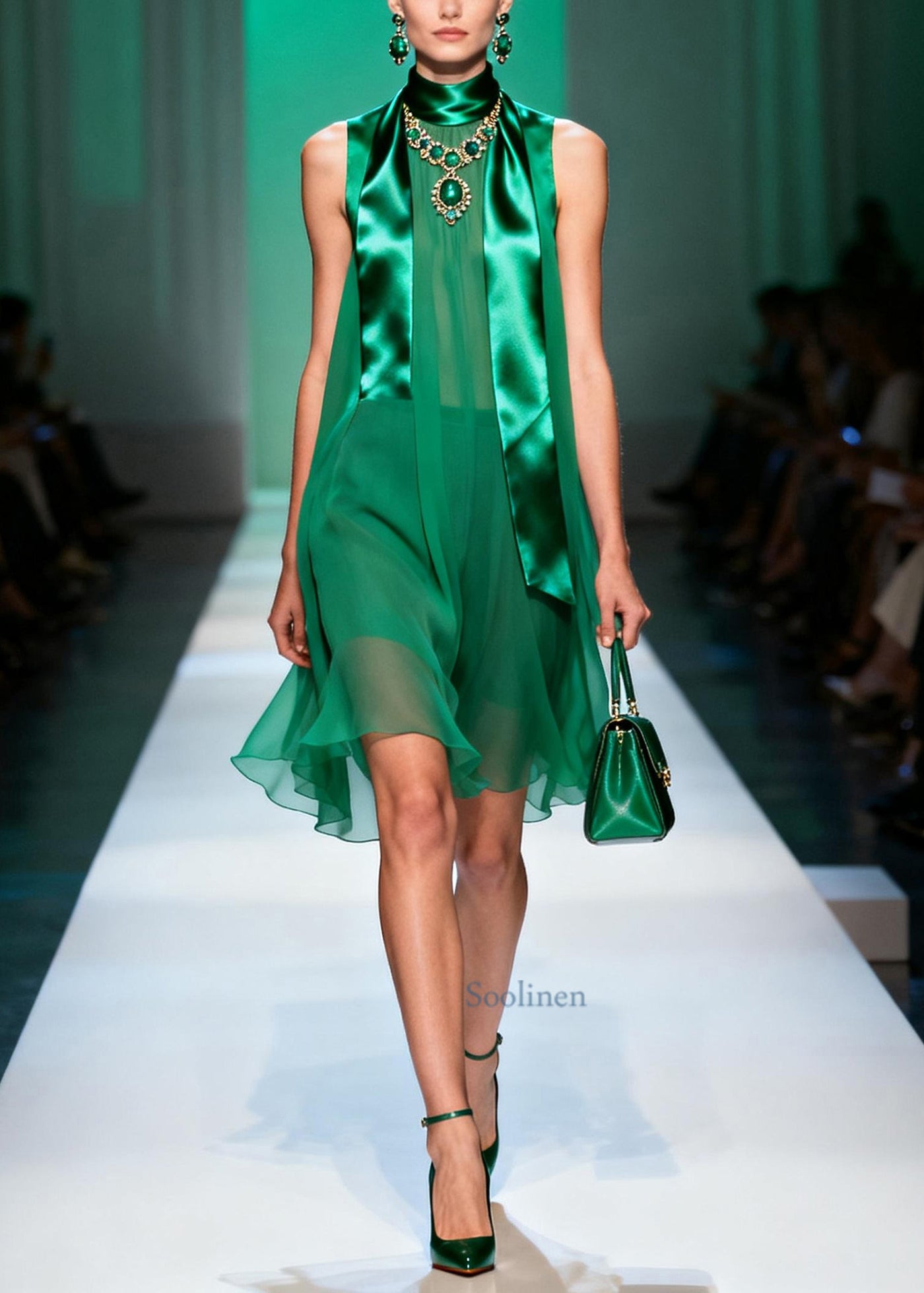 French Green Stand Collar Patchwork Chiffon Mid Dress Sleeveless