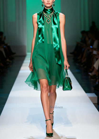 French Green Stand Collar Patchwork Chiffon Mid Dress Sleeveless
