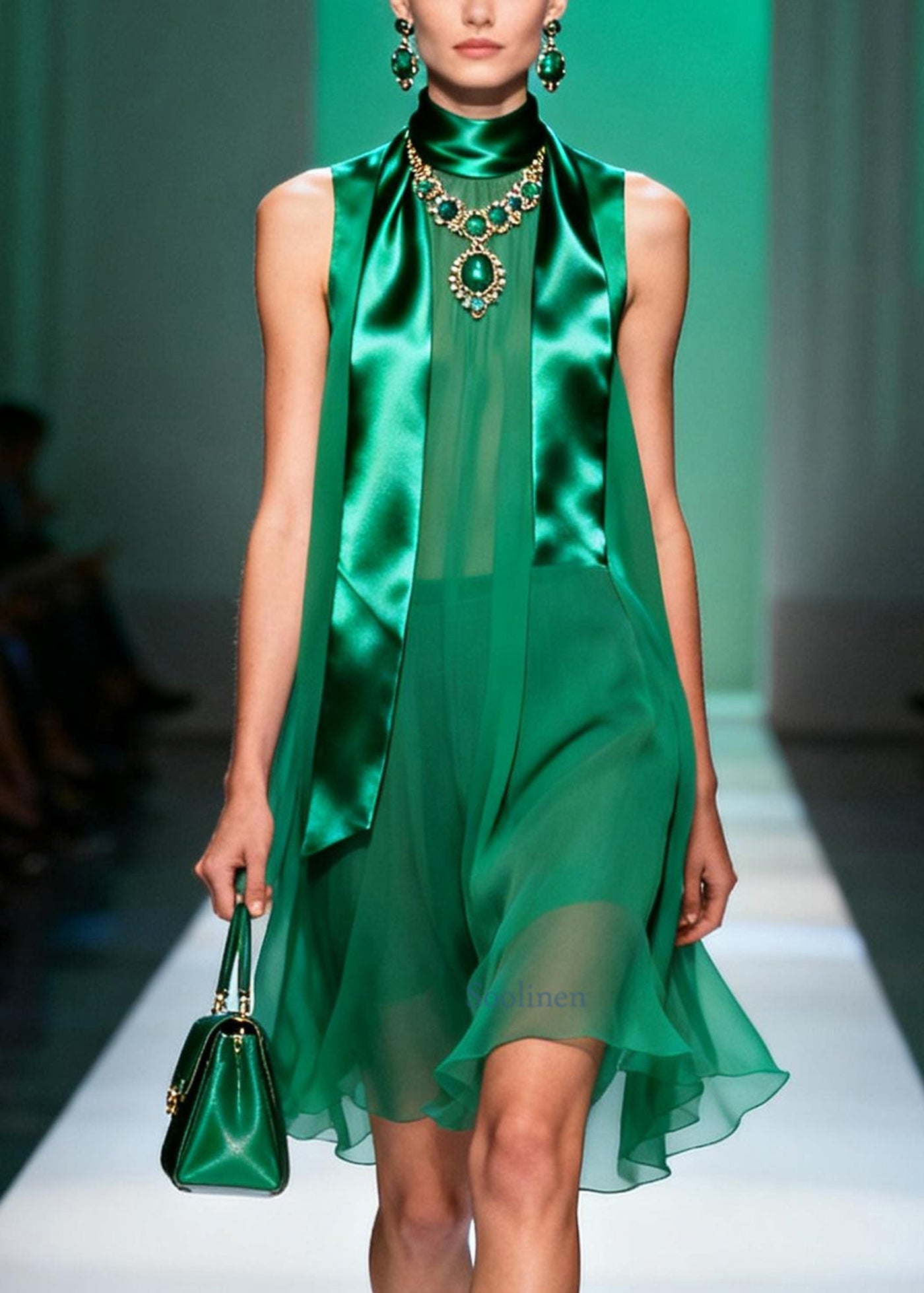 French Green Stand Collar Patchwork Chiffon Mid Dress Sleeveless