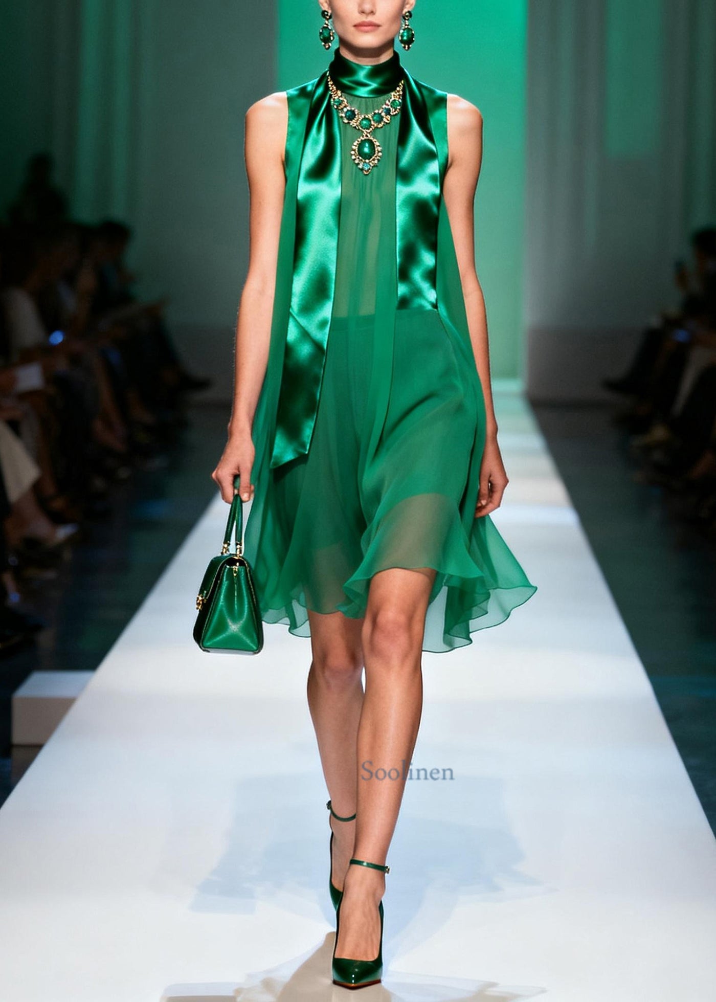 French Green Stand Collar Patchwork Chiffon Mid Dress Sleeveless