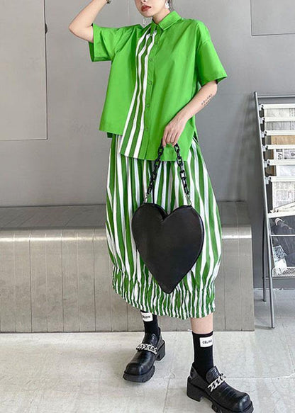 French Green Summer asymmetrical design Shirts Short Sleeve Two piece set - SooLinen