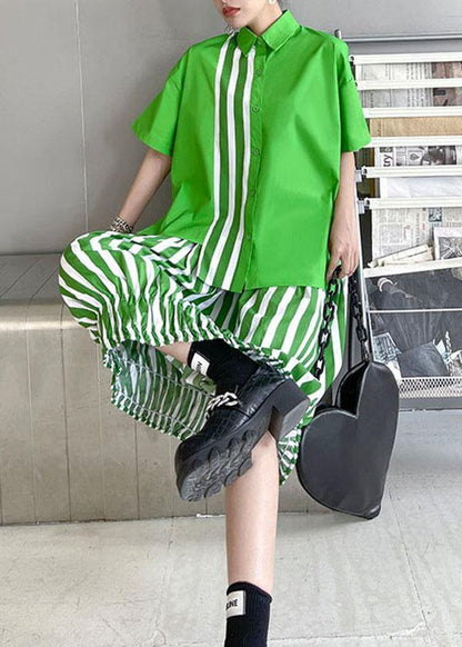 French Green Summer asymmetrical design Shirts Short Sleeve Two piece set - SooLinen