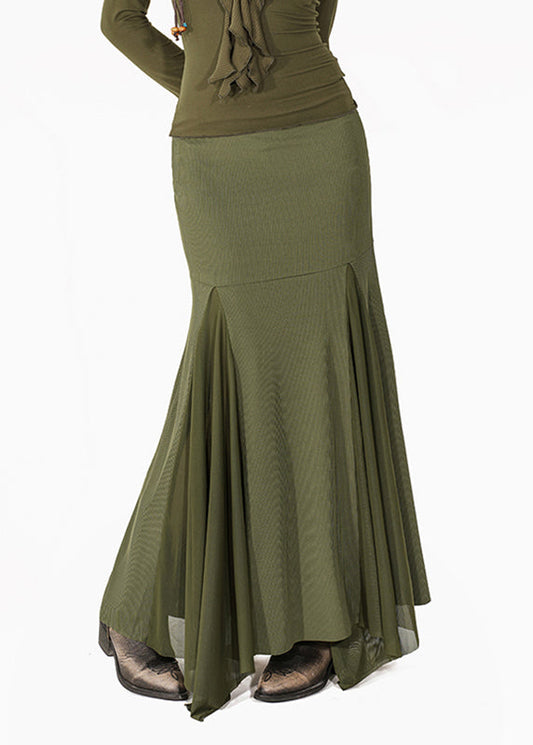 French Green Tulle Patchwork Maxi Fishtail Skirts