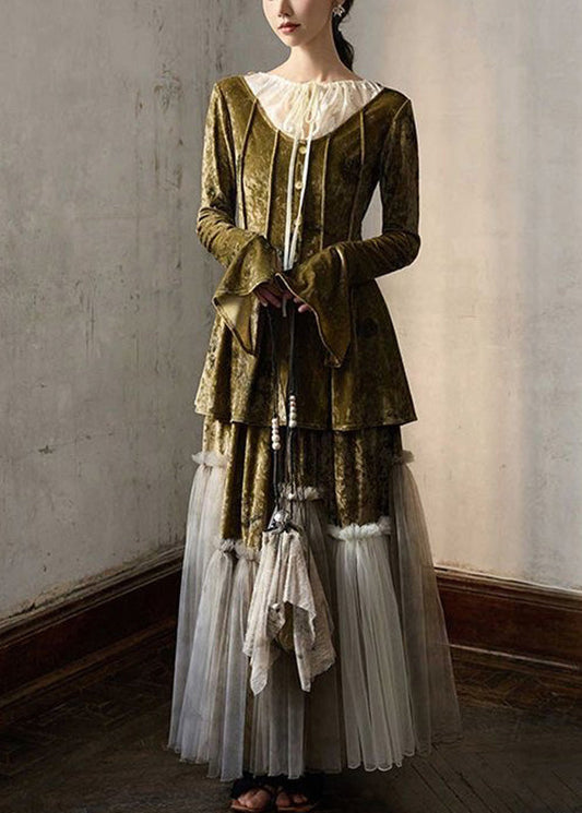 French Green Tulle Patchwork Tie Lace Silk Velvet Top And Maxi Skirts Two Piece Set Spring