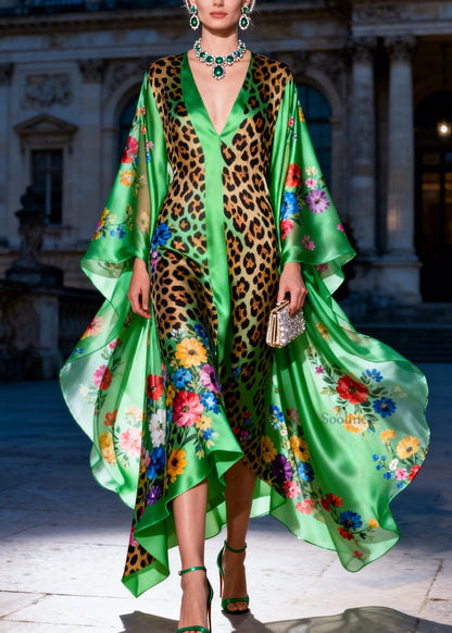 French Green V Neck Asymmetrical Design Print Silk Maxi Dresses Summer