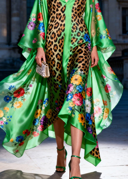French Green V Neck Asymmetrical Design Print Silk Maxi Dresses Summer