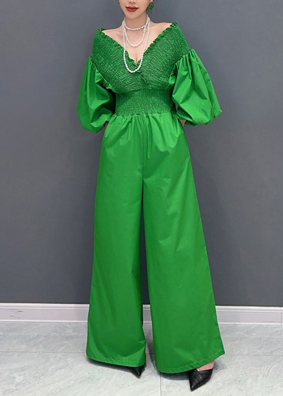 French Green V Neck Elastic Waist Jumpsuit Puff Sleeve