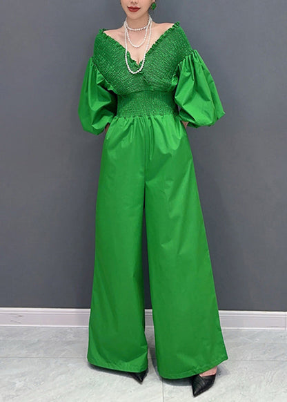French Green V Neck Elastic Waist Jumpsuit Puff Sleeve