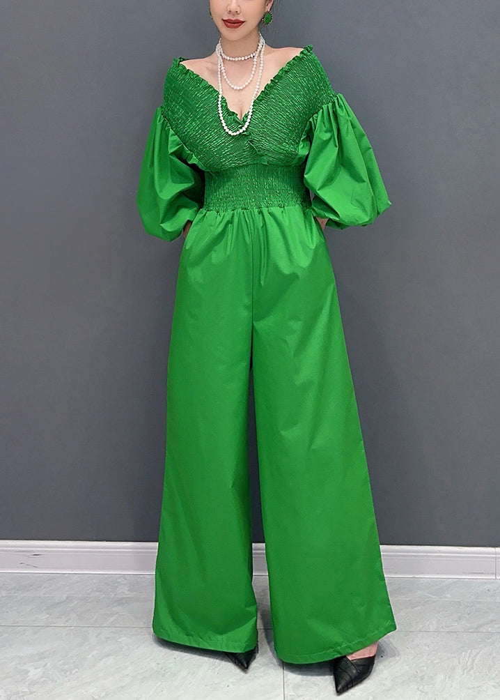 French Green V Neck Elastic Waist Jumpsuit Puff Sleeve