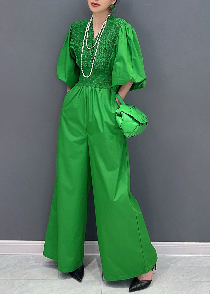 French Green V Neck Elastic Waist Jumpsuit Puff Sleeve