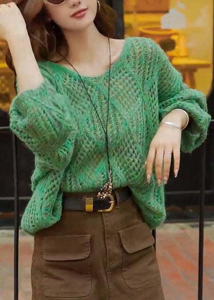 Französisch-grüner V-Ausschnitt-Strickpullover mit Lochmuster, Frühlingsform