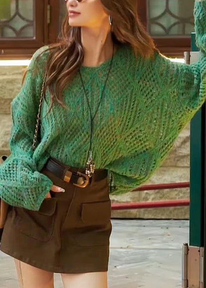 Französisch-grüner V-Ausschnitt-Strickpullover mit Lochmuster, Frühlingsform