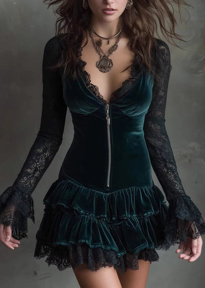 French Green V Neck Lace Patchwork Velvet Mini Dress Fall