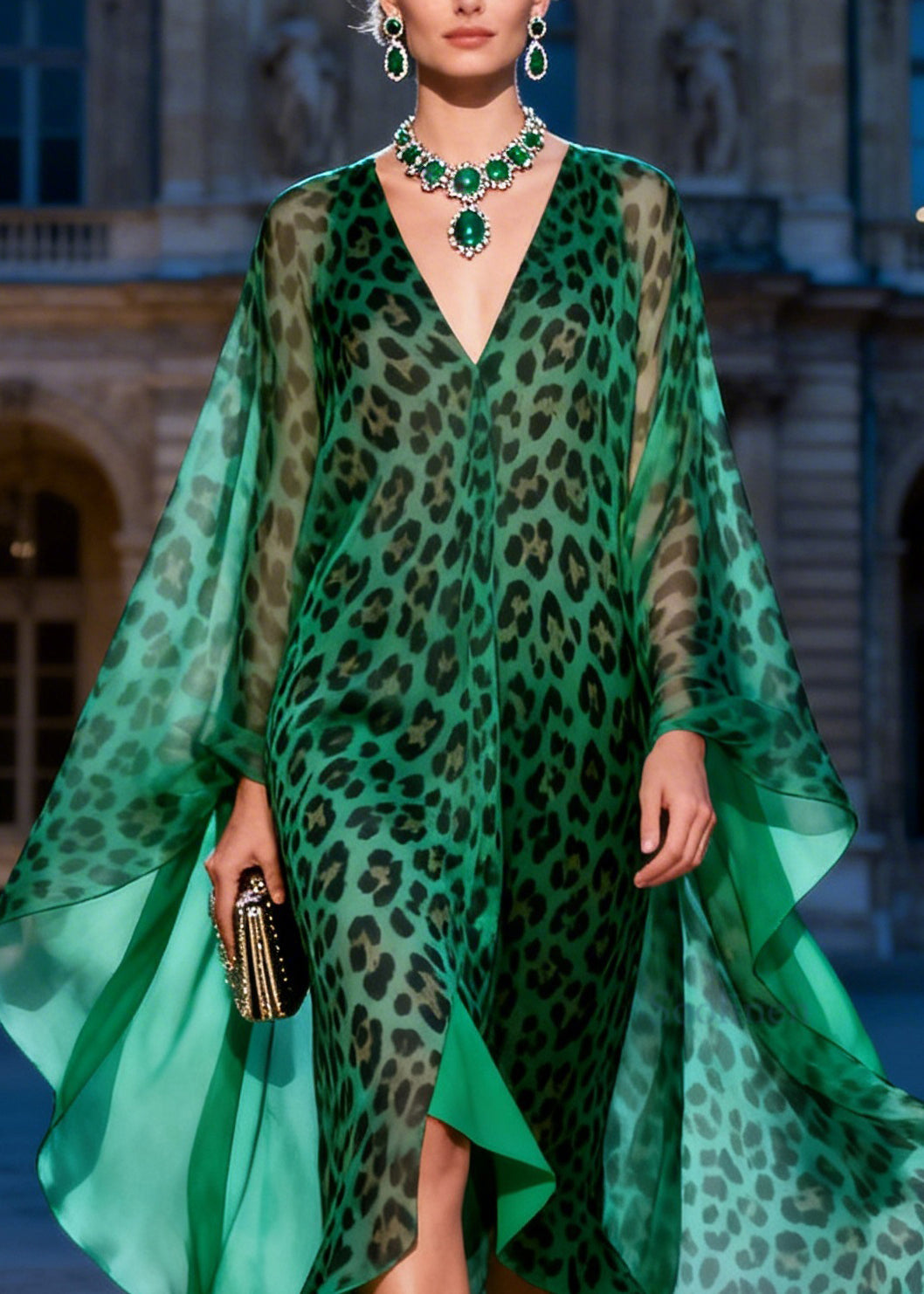 French Green V Neck Leopard Print Chiffon Long Dresses Summer