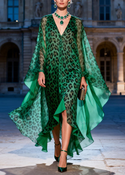 French Green V Neck Leopard Print Chiffon Long Dresses Summer