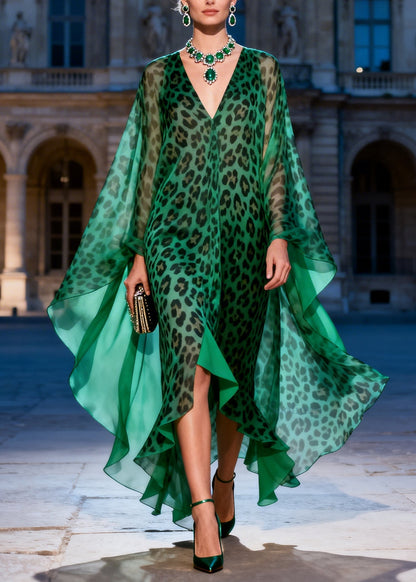 French Green V Neck Leopard Print Chiffon Long Dresses Summer