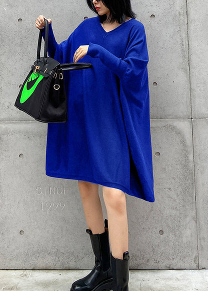 Französisches grünes Patchwork-Strickkleid mit V-Ausschnitt für den Herbst