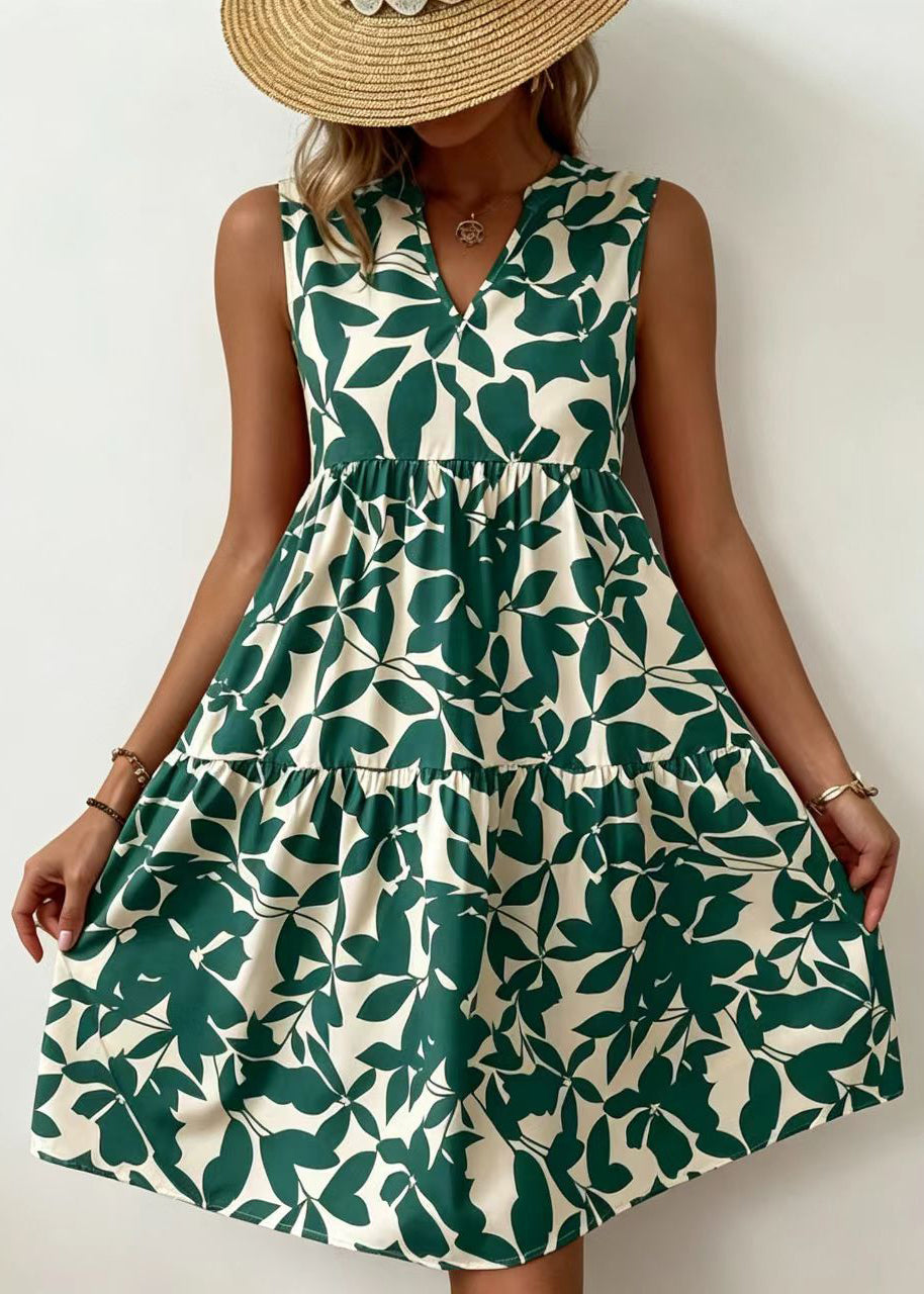 French Green V Neck Print Cotton Dresses Sleeveless