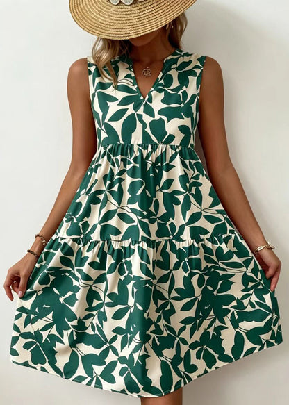 French Green V Neck Print Cotton Dresses Sleeveless