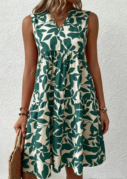 French Green V Neck Print Cotton Dresses Sleeveless