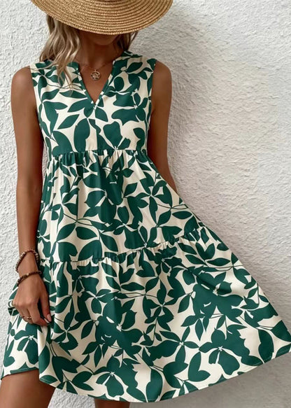 French Green V Neck Print Cotton Dresses Sleeveless