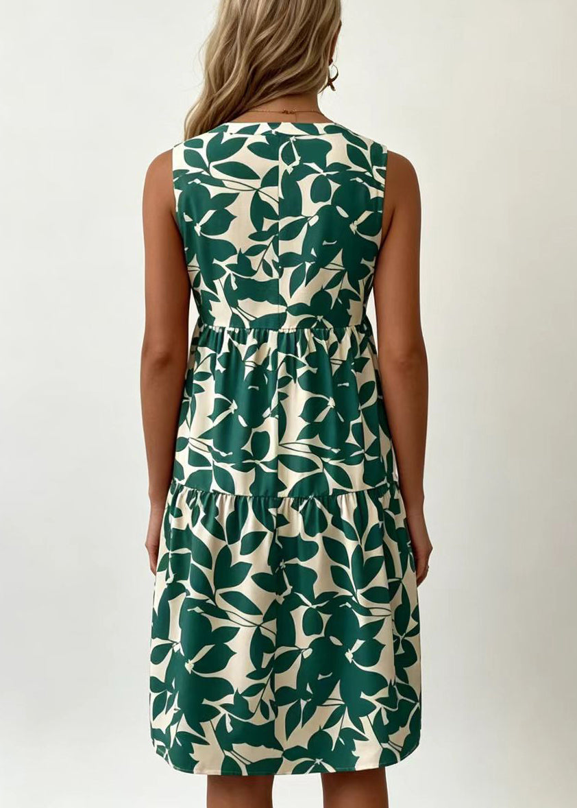 French Green V Neck Print Cotton Dresses Sleeveless