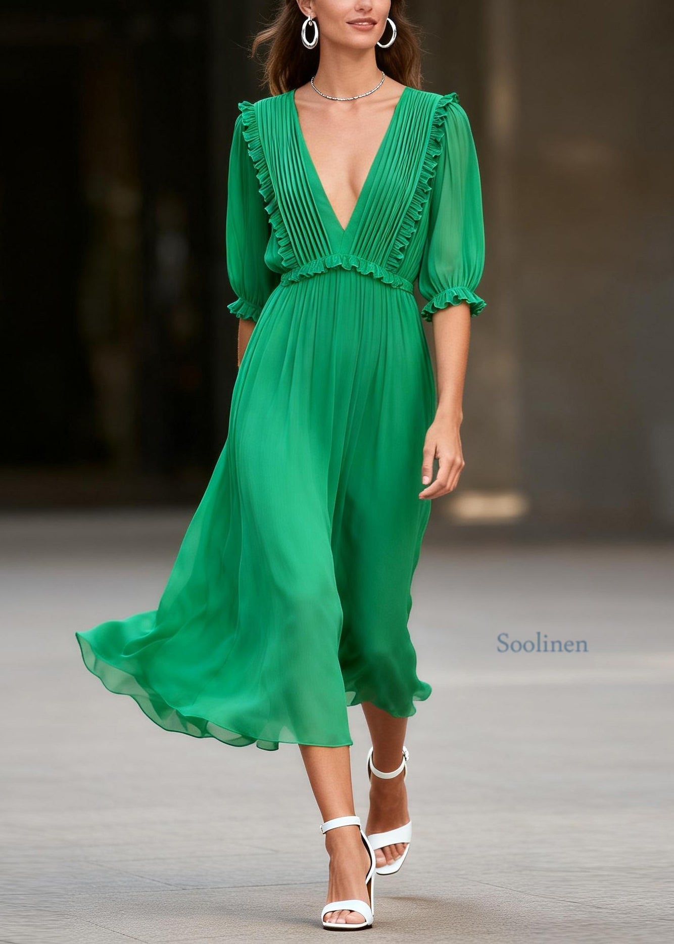 French Green V Neck Ruffled Patchwork Chiffon Dress Summer