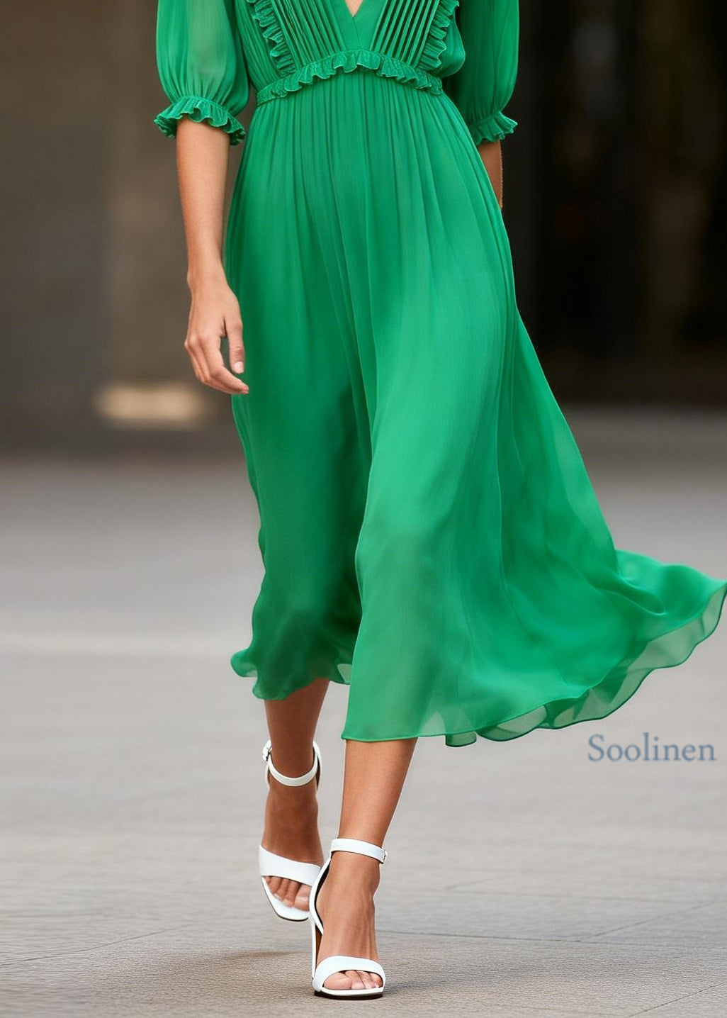 French Green V Neck Ruffled Patchwork Chiffon Dress Summer