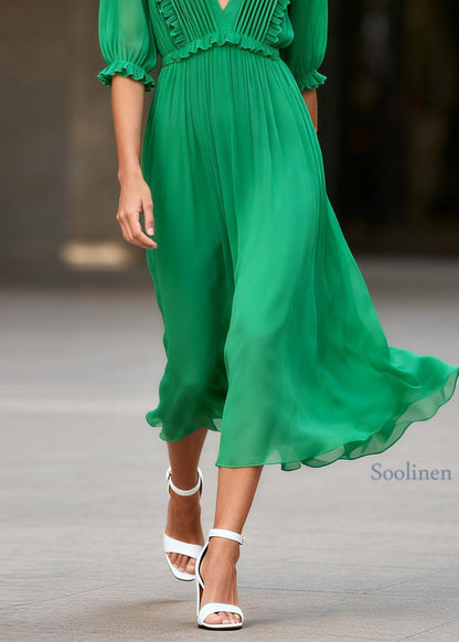 French Green V Neck Ruffled Patchwork Chiffon Dress Summer