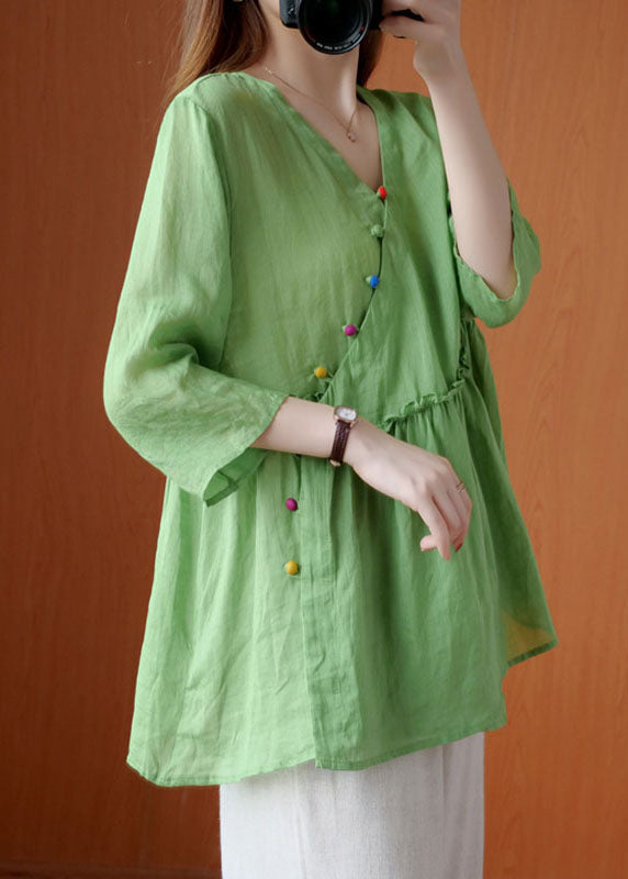 Französisches grünes V-Ausschnitt-Rüschen-Asymmetrisches Design Herbst Halbarm-Shirt