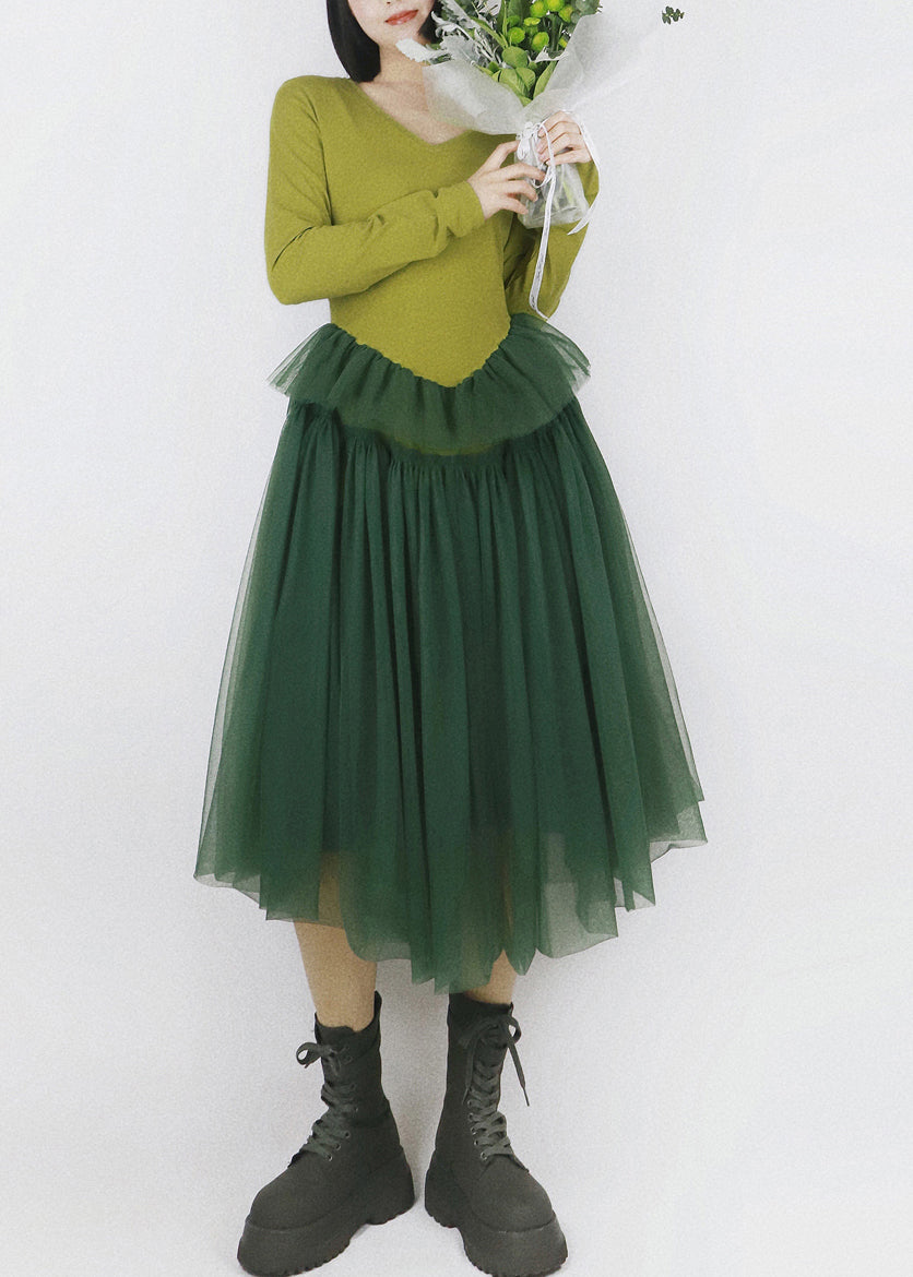 French Green V Neck Tulle Patchwork Cotton Dresses Fall