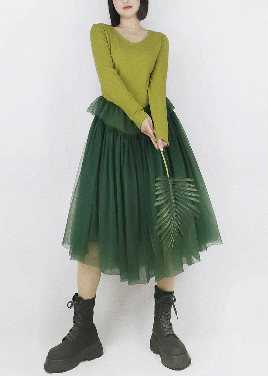 French Green V Neck Tulle Patchwork Cotton Dresses Fall