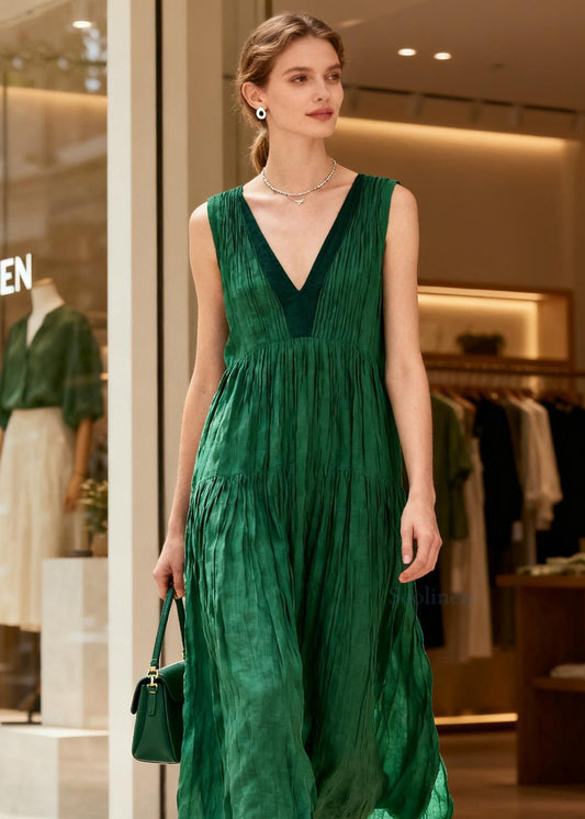 French Green V Neck Wrinkled Patchwork Cotton Maxi Dresses Sleeveless