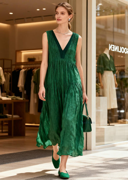 French Green V Neck Wrinkled Patchwork Cotton Maxi Dresses Sleeveless