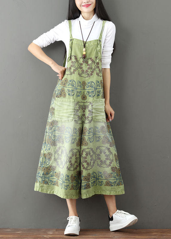 French Green Taschen Print weites Bein Jumpsuit Frühling