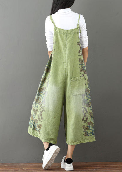 French Green Taschen Print weites Bein Jumpsuit Frühling